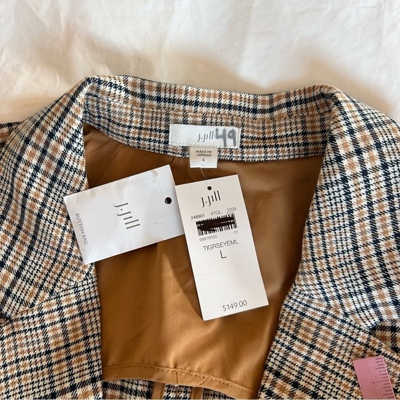 J JILL Jacket Blazer Houndstooth Plaid Tan Navy Oversized Trendy Size L NWT - Picture 8 of 14